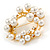 White Glass Pearl, Clear Crystal Wreath Brooch In Gold Tone Metal - 55mm D - view 2