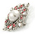 Vintage Bridal Corsage Simulated Pearl Pink Crystal Brooch In Silver Tone Metal - 50mm D - view 3