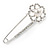 Small Crystal Pearl Flower Pin Brooch In Rhodium Plating - 55mm L