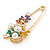 Multicoloured Enamel Flowers, Bee, Simulated Pearls Safety Pin Brooch In Gold Tone - 80mm L - view 5
