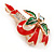 Holly and Christmas Red, Green Enamel Crystal Candle Brooch/ Pendant In Rose Gold Tone - 45mm L - view 3
