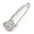 Clear Crystal 3 Petal Flower Safety Pin Brooch In Silver Tone - 65mm L - view 5