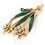 Crystal Daffodil With Green Enamel Leaves Floral Brooch In Gold Plating - 60mm L - view 2