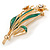 Crystal Daffodil With Green Enamel Leaves Floral Brooch In Gold Plating - 60mm L - view 3