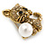 Light Topaz Crystal Little Kitten with Pearl Bead Brooch In Antique Gold Tone Metal - 30mm L - view 3