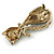 Vintage Inspired Dim Grey/ Milky White Crystal Cat Brooch In Antique Gold Tone Metal - 55mm L - view 4