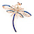Clear/ Navy/ Light Blue Crystal, Faux Pearl Dragonfly Brooch In Rose Gold Tone Metal - 55mm W