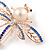 Clear/ Navy/ Light Blue Crystal, Faux Pearl Dragonfly Brooch In Rose Gold Tone Metal - 55mm W - view 3