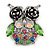 Vintage Inspired Multicoloured Crystal Owl Brooch In Antique Silver Tone - 40mm L