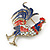 Large Red/ Blue Enamel, AB Crystal Rooster Brooch In Antique Gold Tone Metal - 60mm - view 2