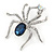 Clear/ Midnight Blue Crystal Spider Brooch In Silver Tone Metal - 50mm L