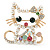 Funky Japanese Style Crystal, Faux Pearl Cat Brooch In Gold Tone Metal - 40mm L