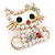 Funky Japanese Style Crystal, Faux Pearl Cat Brooch In Gold Tone Metal - 40mm L - view 5
