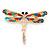 Multicoloured Crystal Dragonfly Brooch In Gold Tone Metal - 70mm W