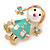 Funky Mint Green Enamel, Pearl Bead Doll Brooch with Crystal Purse In Gold Tone Metal - 40mm L - view 4