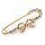 Gold Plated Clear Crystal Safety Pin Brooch With Bow Motif - 65mm L