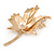 Gold Tone, Clear Crystal Maple Leaf Brooch with Etched Detailing - 55mm L - view 3
