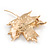Gold Tone, Clear Crystal Maple Leaf Brooch with Etched Detailing - 55mm L - view 4