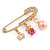 Medium Crystal Safety Pin Brooch with Charms In Gold Plated Metal - 50mm - view 2