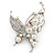 Silver Tone Crystal Faux Pearl Asymmetrical Wings Butterfly Brooch - 60mm