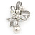 Clear Crystal Faux Glass Pearl Bow Brooch In Silver Tone Metal - 50mm L