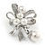 Clear Crystal Faux Glass Pearl Bow Brooch In Silver Tone Metal - 50mm L - view 3