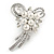 Fancy Faux Pearl, Clear Crystal Bow Brooch In Silver Tone Metal - 65mm L