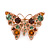 Crystal Butterfly Brooch In Rose Gold Tone Metal (Amber, Orange, Green, Citrine) - 43mm W