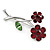Two Cranberry/ Green Crystal Daisy Flowers Brooch In Rhodium Plating - 47mm L - view 2