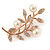 Stunning Small Crystal, Faux Pearl Floral Brooch In Rose Gold Tone Metal - 35mm L - view 2