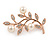 Stunning Small Crystal, Faux Pearl Floral Brooch In Rose Gold Tone Metal - 35mm L