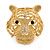 Statement Gold Plated, Crystal, Textured Tiger Head Brooch - 40mm L