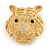 Statement Gold Plated, Crystal, Textured Tiger Head Brooch - 40mm L - view 2