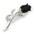 Small Clear Crystal Black Rose Brooch In Rhodium Plated Metal - 48mm L