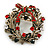 Vintage Inspired Red/ Green/ Clear Crystal Christmas Holly Wreath Brooch In Antique Gold Tone - 42mm D