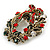 Vintage Inspired Red/ Green/ Clear Crystal Christmas Holly Wreath Brooch In Antique Gold Tone - 42mm D - view 2