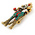 Clear/ Red/ Green Crystal Christmas Reindeer Brooch In Aged Gold Tone Metal - 40mm L - view 2
