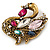 Vintage Inspired Multicoloured Swan Brooch in Aged Gold Tone Metal - 45mm L - view 3