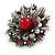 Vintage Inspired Red/ Green/ Clear Crystal Christmas Snowflake Brooch In Aged Silver Tone Metal - 45mm D - view 2