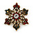 Small Vintage Inspired Red/ Green/ Clear Crystal Christmas Snowflake Brooch In Bronze Tone Metal - 35mm D