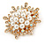 Gold Tone Clear Crystal, Faux Pearl Snowflake Scarf Pin - 45mm D - view 6