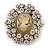 Vintage Inspired Clear Crystal Cameo Brooch In Aged Gold Tone Metal - 50mm L