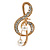 Small Crystal, Faux Pearl Treble Clef Musical Brooch In Gold Tone - 35mm L