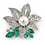 Stunning Clear/ Green Crystal Faux Pearl Flower Brooch In Rhodium Plated Metal - 45mm L