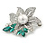 Stunning Clear/ Green Crystal Faux Pearl Flower Brooch In Rhodium Plated Metal - 45mm L - view 2