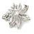 Stunning Clear/ Green Crystal Faux Pearl Flower Brooch In Rhodium Plated Metal - 45mm L - view 3
