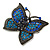 Vintage Inspired Blue/ Teal Butterfly Brooch In Pewter Tone Metal - 40mm Across - view 3