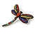 Vintage Inspired Multicoloured Crystal Dragonfly Brooch In Antique Gold Tone - 45mm Tall - view 5