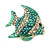 Small Funky Teal Bead, Clear Crystal Fish Brooch In Gold Tone Metal - 25mm Across - view 2