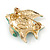 Small Funky Teal Bead, Clear Crystal Fish Brooch In Gold Tone Metal - 25mm Across - view 4